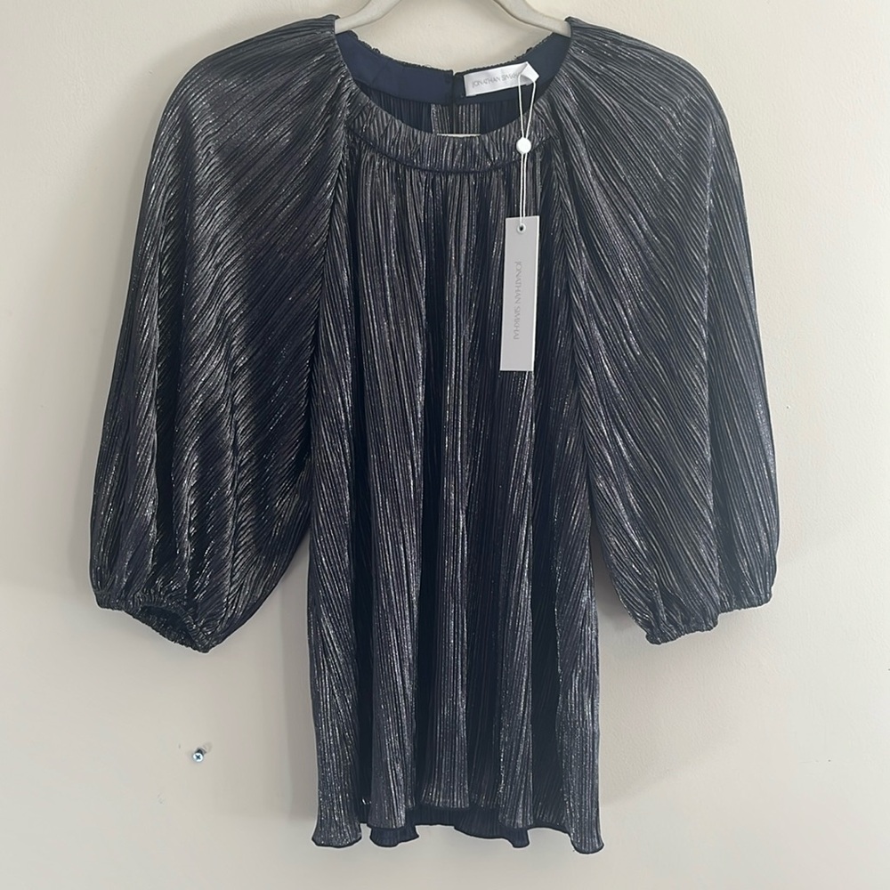 Jonathan Simkhai Alexandra Plisse Pleated Midnight Blue Top NWT 4 Silver Shimmer